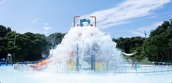水深20cm前後のちびっこプール。カラクリバケツから水が落ちている