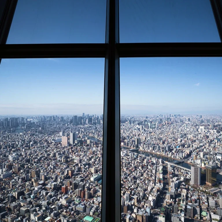 天望デッキの大きな窓から見下ろす東京の街