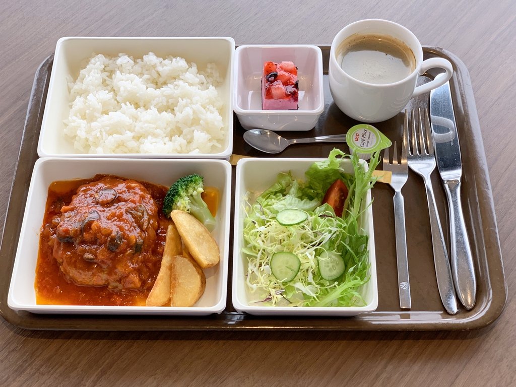 トレーに白ごはん、煮込みハンバーグ、サラダ、デザート、コーヒーが並んだ機内食風のランチ