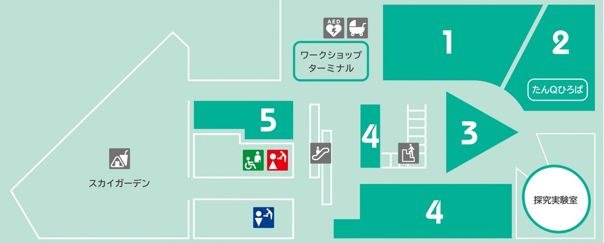 10階ジオタウンのフロアマップ。展示ゾーンとスカイガーデンの位置が色分けで描かれている