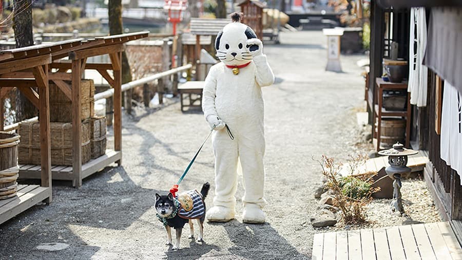 商家が並ぶ江戸の通りを、白いマスコットが犬を連れて歩いている