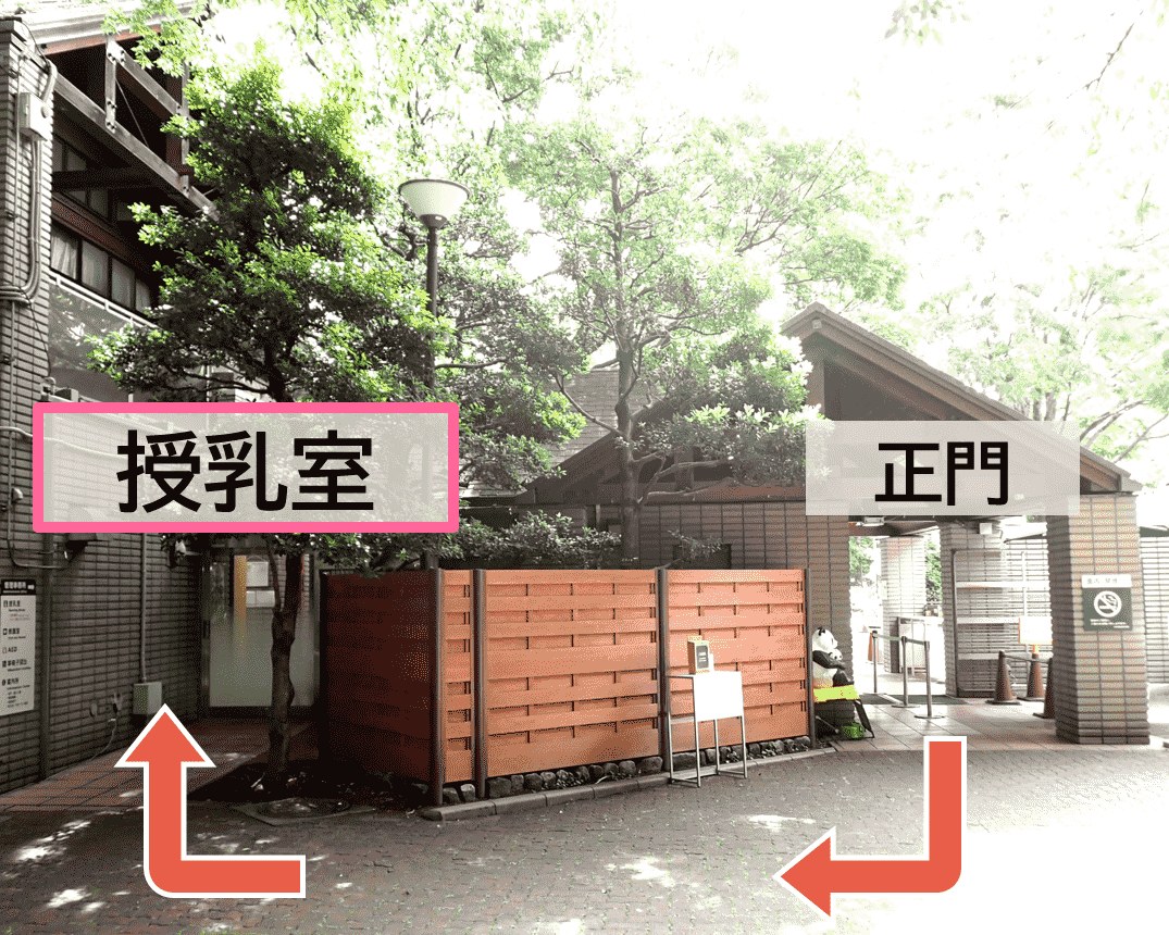 管理事務所の授乳室入口と正門。写真に「授乳室」「正門」の文字と矢印が入っている