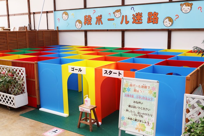 色とりどりの段ボールで仕切られた迷路の入口