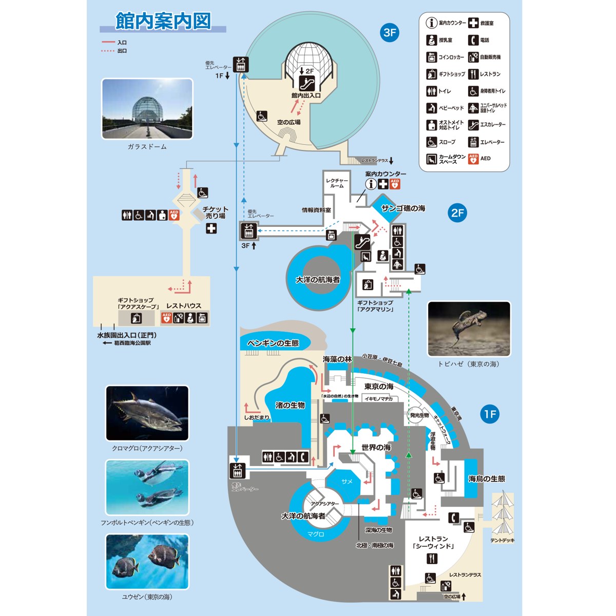 葛西臨海水族園の館内案内図。1階から3階までの展示と設備の記号が描かれている