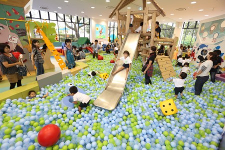 ボールプールの全景。中央に木製のやぐらと銀色のすべり台があり、床一面が青と緑のボールで埋まっている。奥は一面のガラス窓