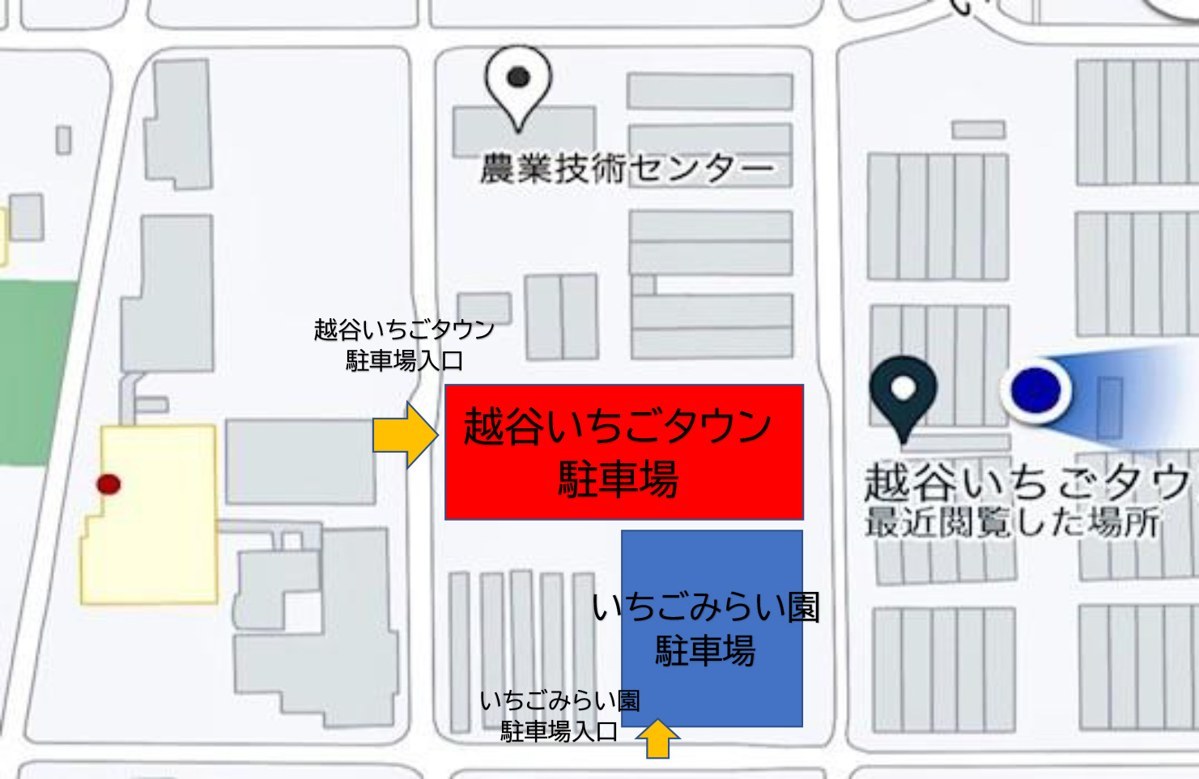 駐車場の案内図。越谷いちごタウンの駐車場と、いちごみらい園の駐車場が別に描かれている
