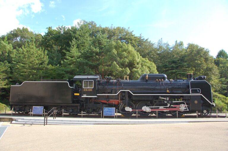 木立を背にして屋外に展示された黒い蒸気機関車。手前は平らな広場