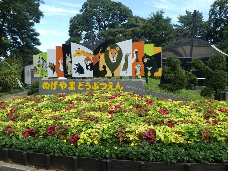 動物のイラストが並ぶ「のげやまどうぶつえん」の看板と、手前の色とりどりの花壇