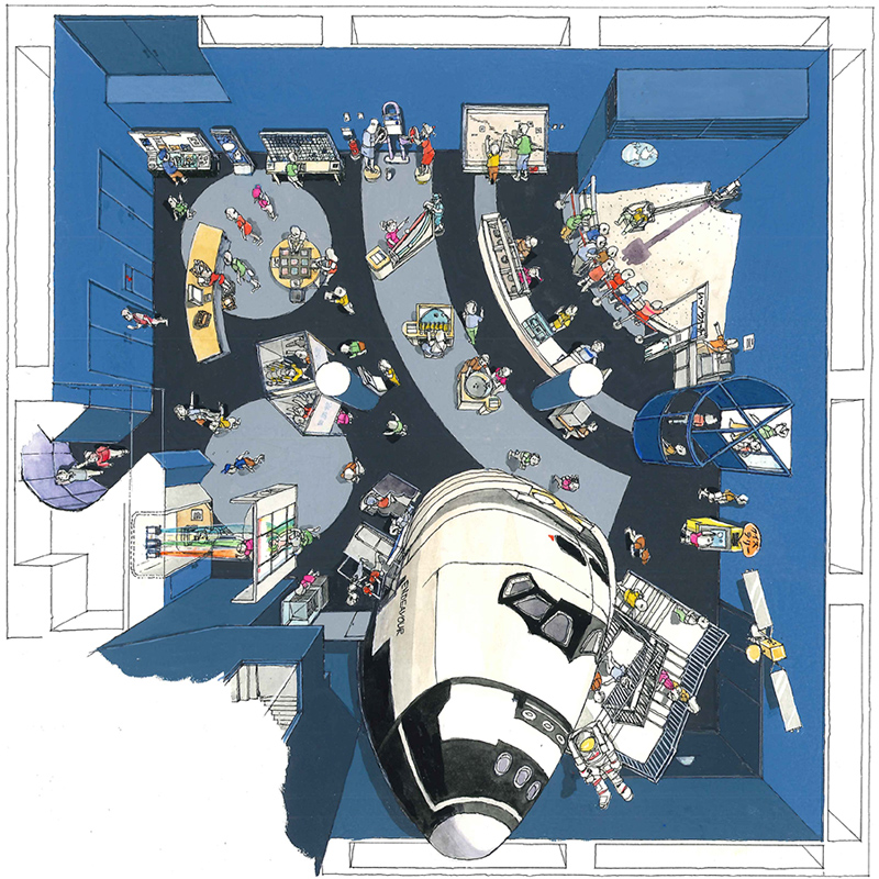 展示室を真上から描いたイラスト。宇宙船の模型や周期表、月面の展示が配置されている