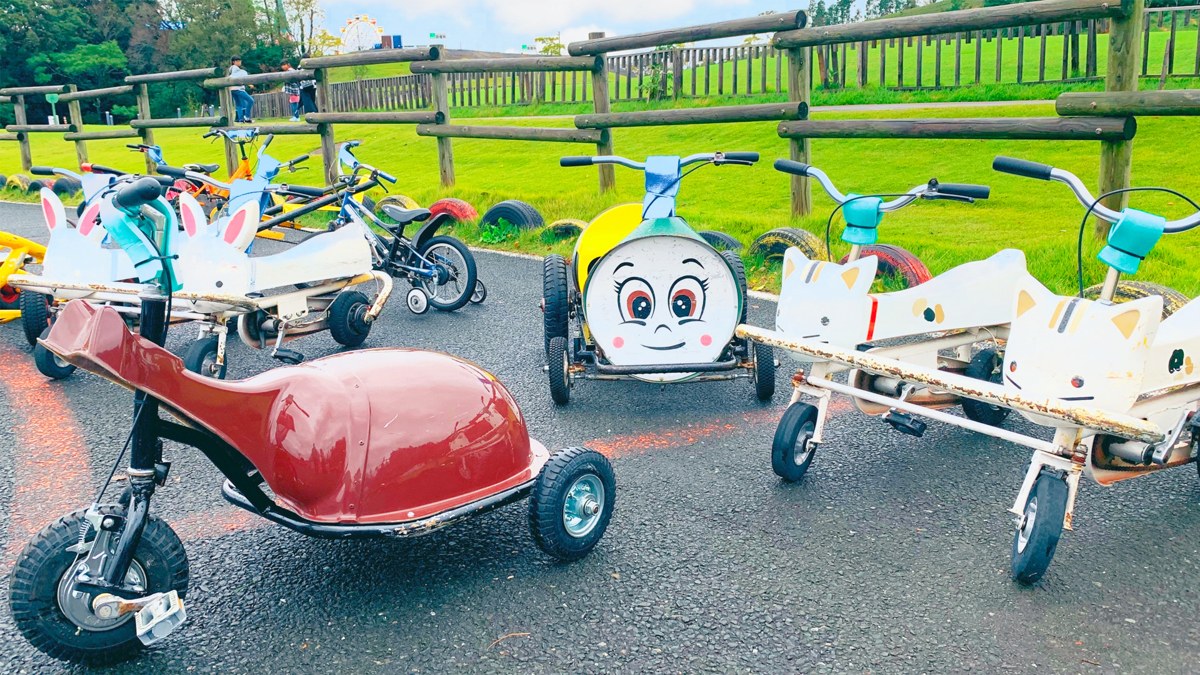 色とりどりの変わり種自転車が並ぶ広場