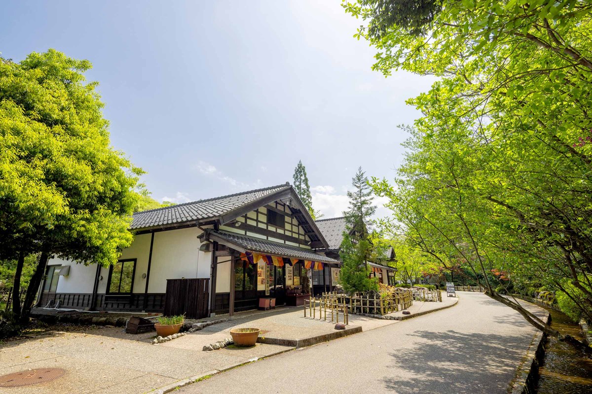 古民家の館の前を通る舗装された広い園路