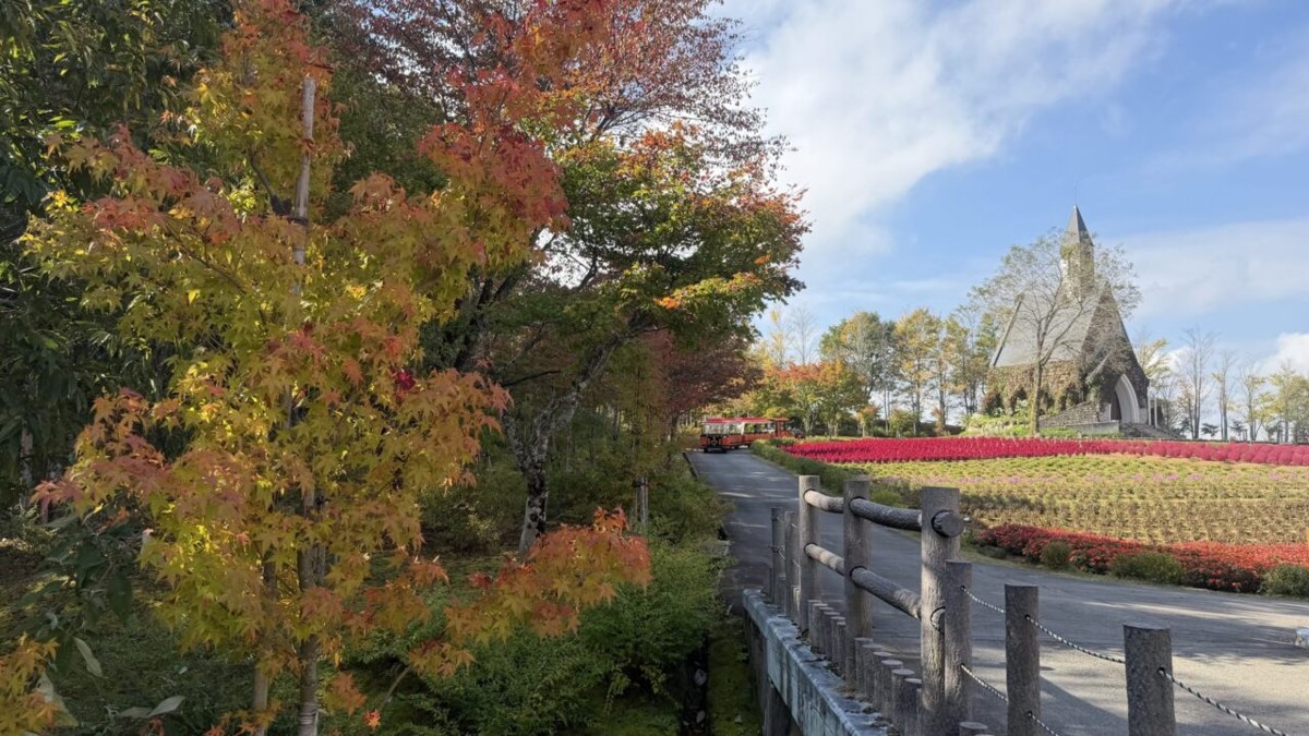 色づき始めた木々と木の柵の小道、奥に花畑と教会